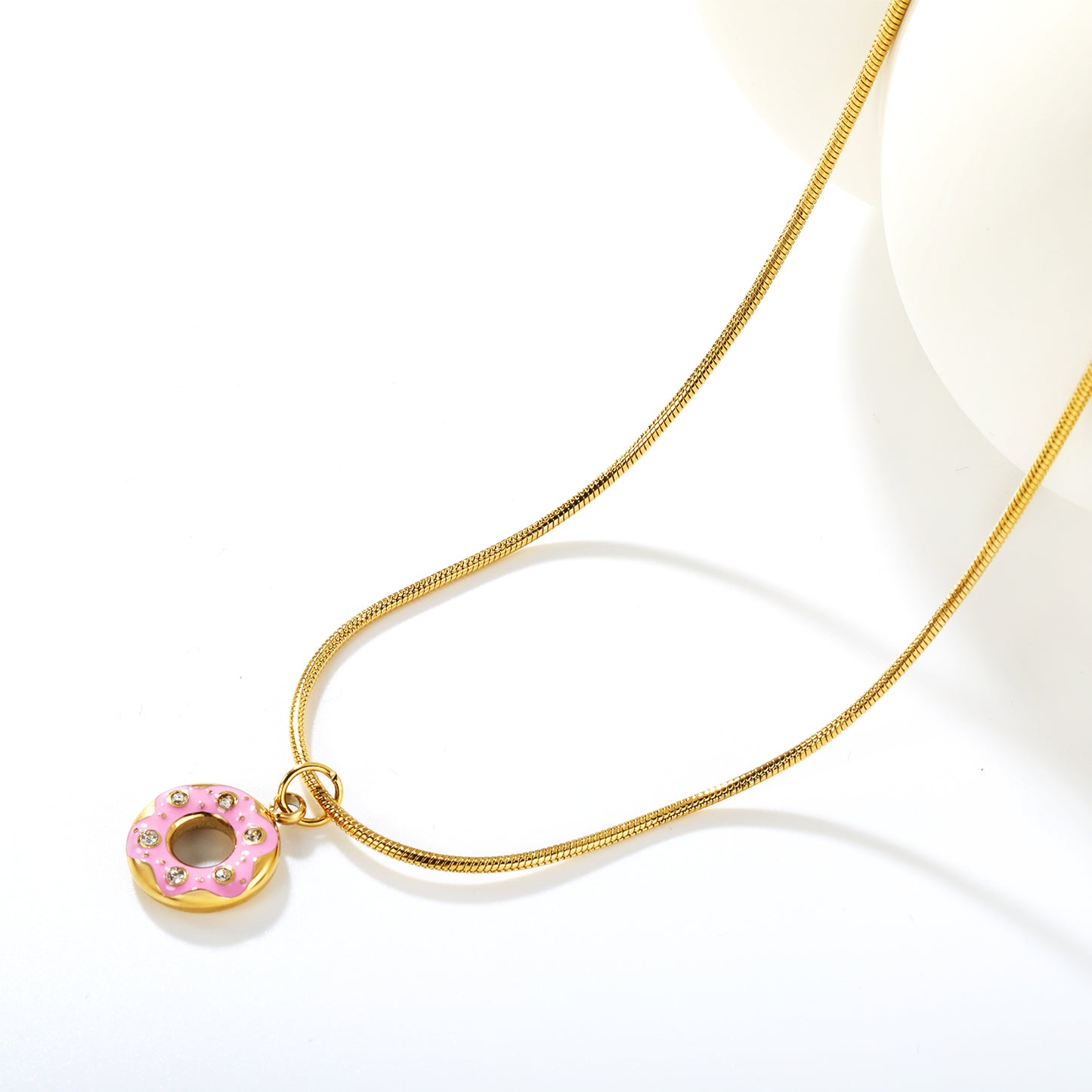 Wholesale Waterproof PVD Pink Enamel Donut Necklace with CZ