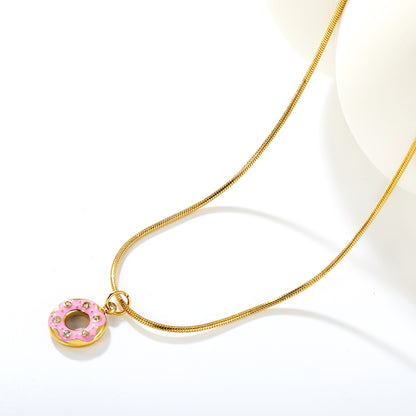 Wholesale Waterproof PVD Pink Enamel Donut Necklace with CZ