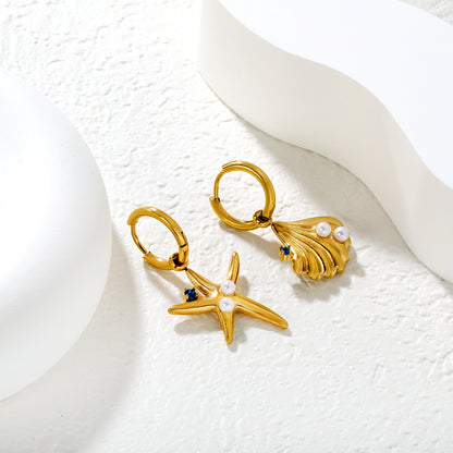 Wholesale Ocean Star Earrings 18K Gold Plated with Pearl & Zircon - Jacey Jewelry