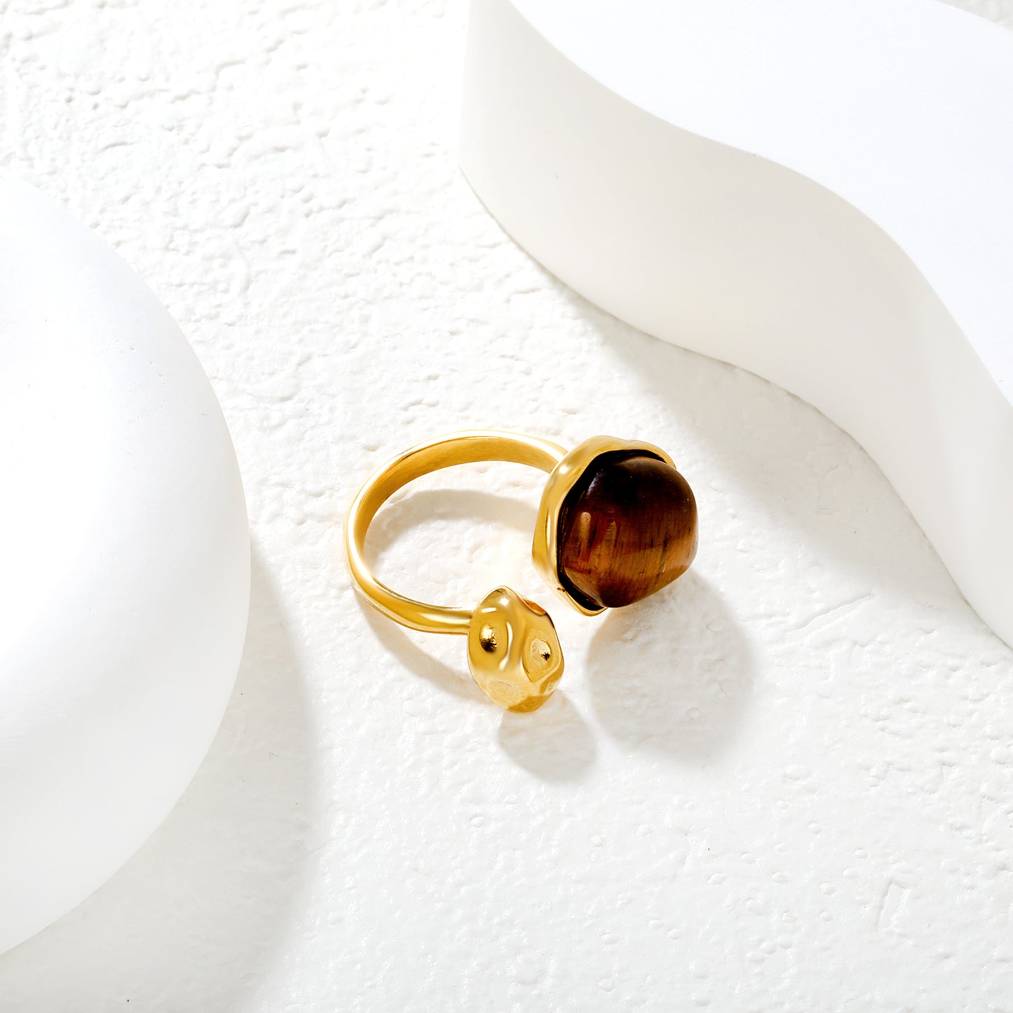 Wholesale Waterproof PVD Irregular Oval Open Ring White Shell & Tiger Eyes