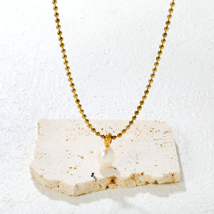 Wholesale Waterproof PVD Pearl Drop Necklace on Gold Bead Chain