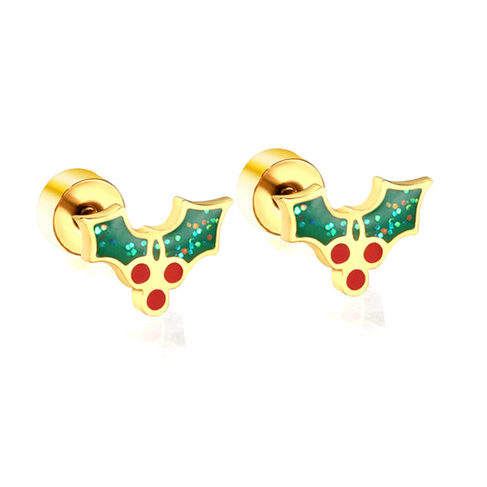 Wholesale 18K Gold Holly Leaf Stud Earrings Festive Cheer