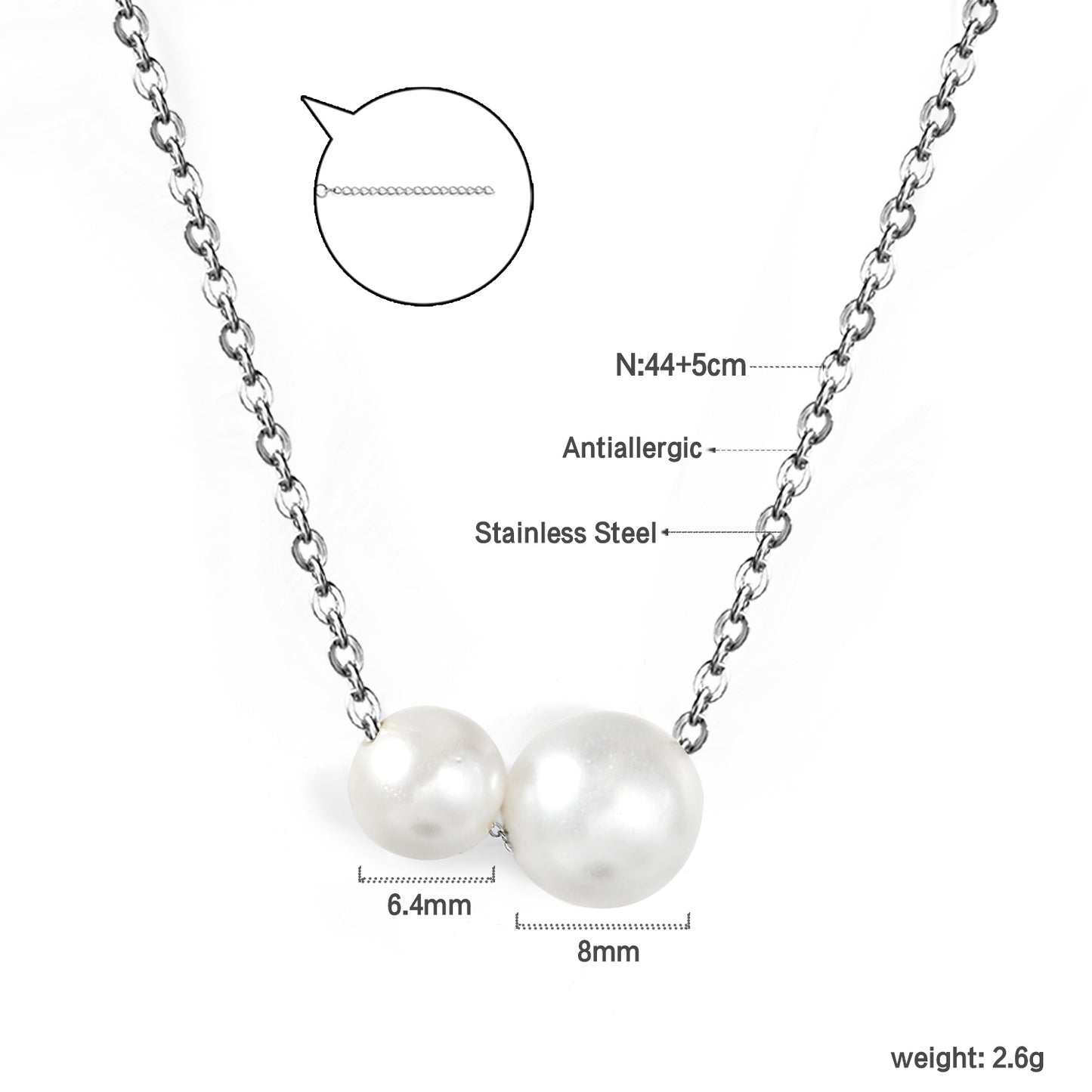 Wholesale Stainless Steel 2pcs Size White Pearls Necklace