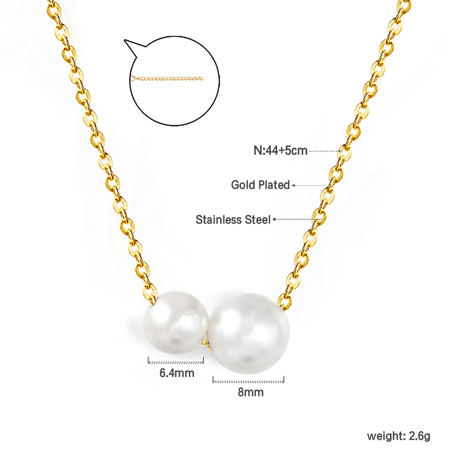 Wholesale Stainless Steel 2pcs Size White Pearls Necklace
