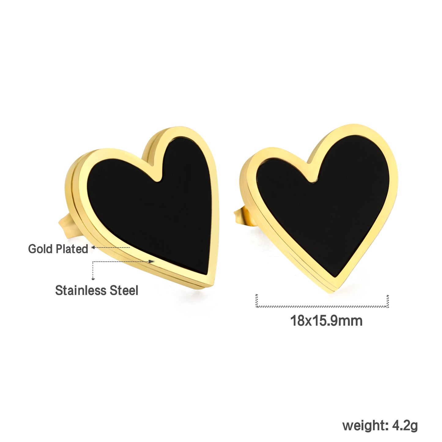 Wholesale Stainless Steel Heart Stud Earrings with Black Shells Regal Sparkle