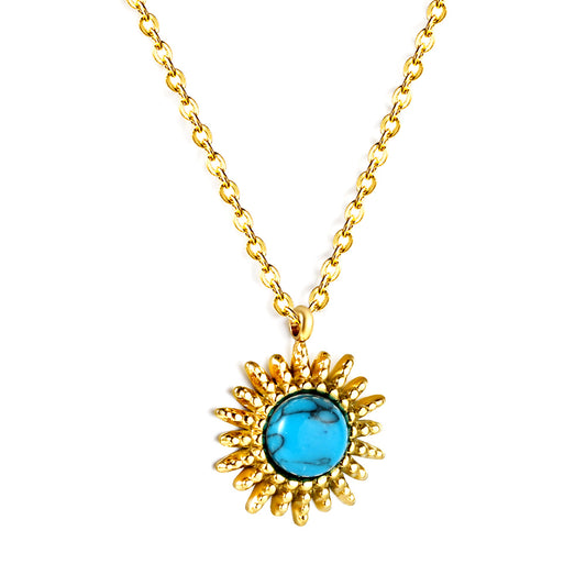 Wholesale Stainless Steel Blue Turquoise Sun Pendant Necklace