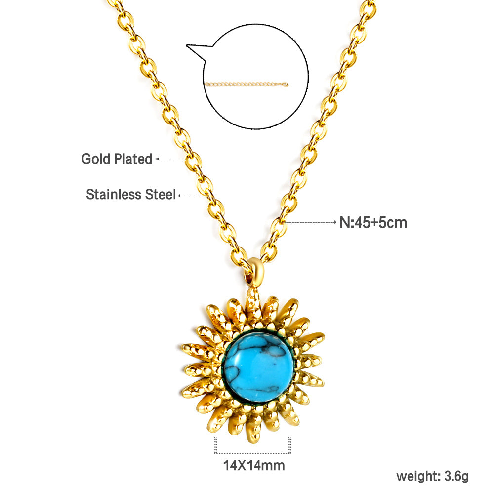 Wholesale Stainless Steel Blue Turquoise Sun Pendant Necklace