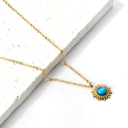 Wholesale Stainless Steel Blue Turquoise Sun Pendant Necklace