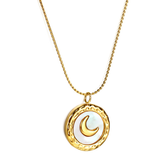 Wholesale stainless steel white shell & moon pattern necklace, dreamy and romantic style