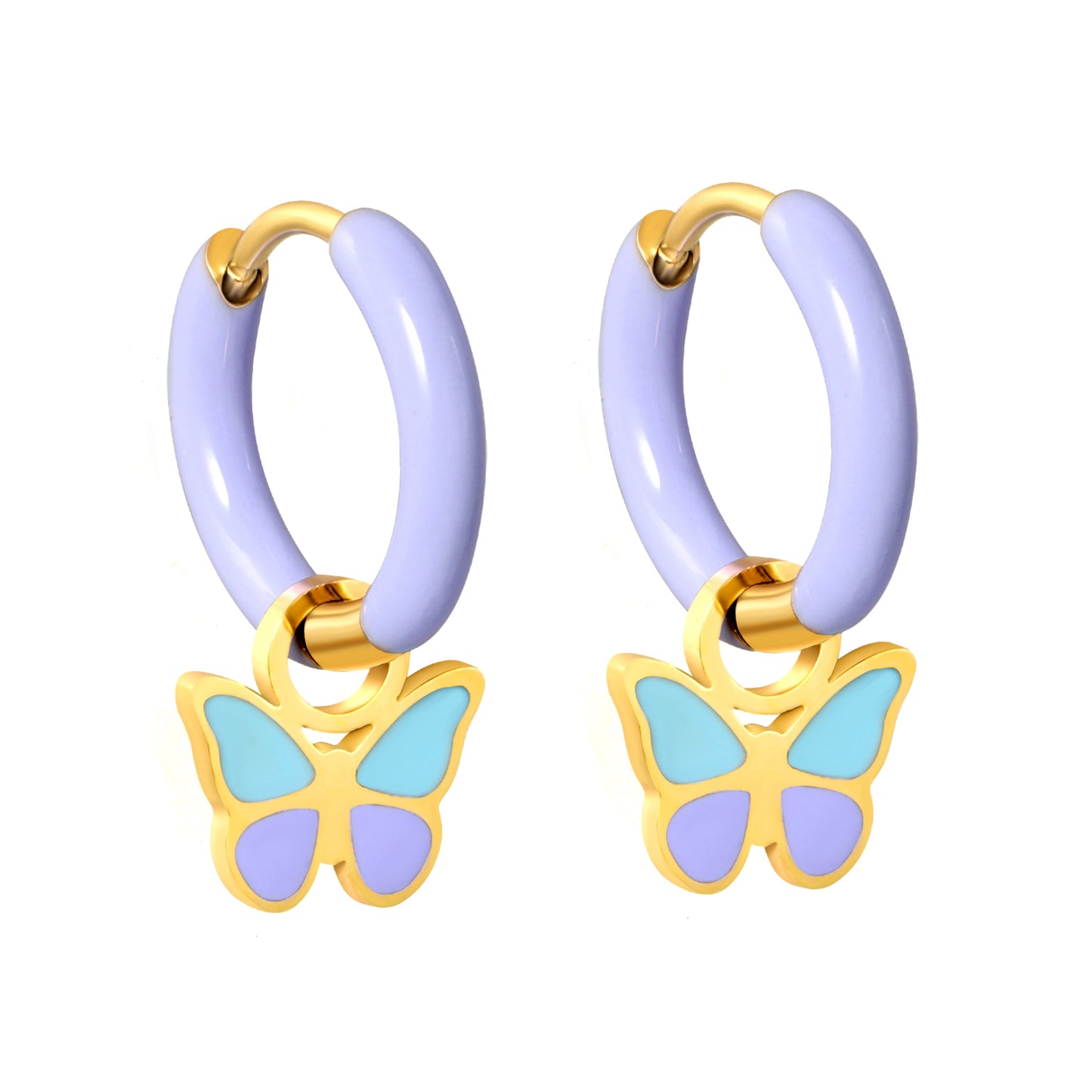 Wholesale Lavender Hoop Earrings with Blue Butterfly Charm