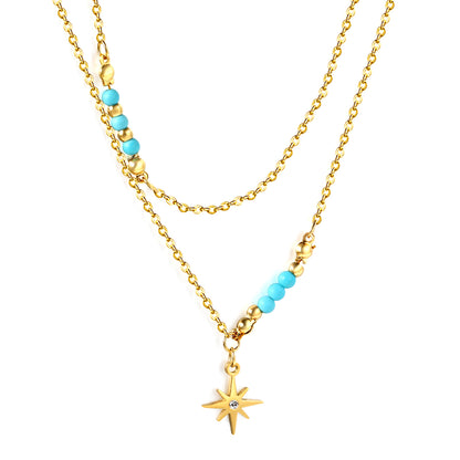 Wholesale Double layer Star and Blue Bead Necklace Fresh Sweet Style