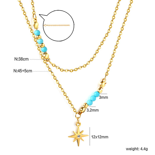 Wholesale Double layer Star and Blue Bead Necklace Fresh Sweet Style