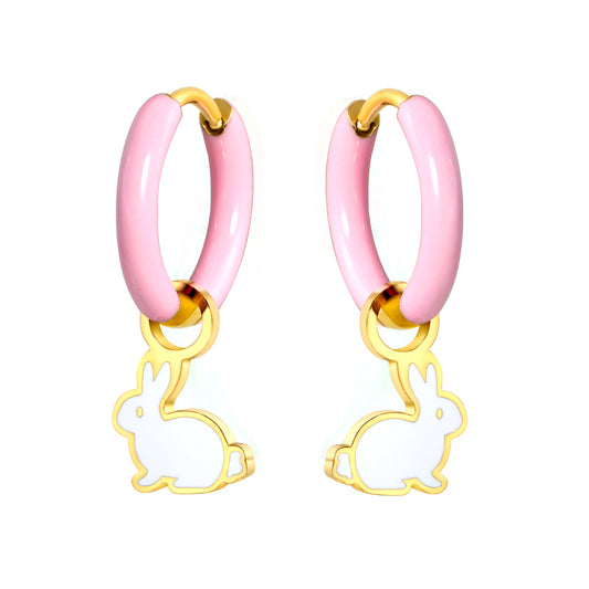 Wholesale Pink Hoop Earrings with White Rabbit Charm
