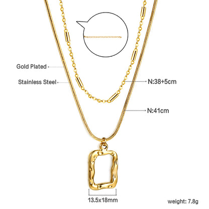Wholesale 18k gold double-layer pendant necklace with square frame and different chain designs, elegant