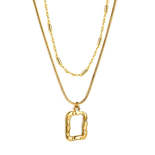 Wholesale 18k gold double-layer pendant necklace with square frame and different chain designs, elegant