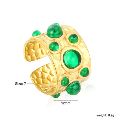 Retro Gemstone Open Ring Stainless Steel Tarnish-Free (3 Colors)