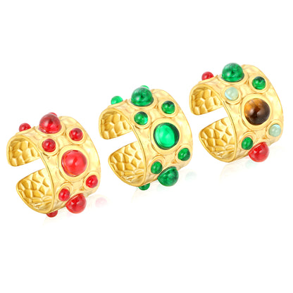 Retro Gemstone Open Ring Stainless Steel Tarnish-Free (3 Colors)
