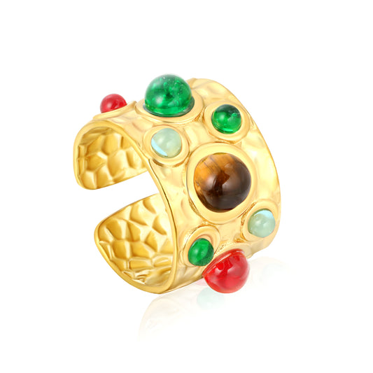 Retro Gemstone Open Ring Stainless Steel Tarnish-Free (3 Colors)