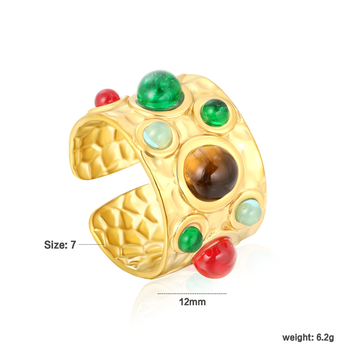Retro Gemstone Open Ring Stainless Steel Tarnish-Free (3 Colors)