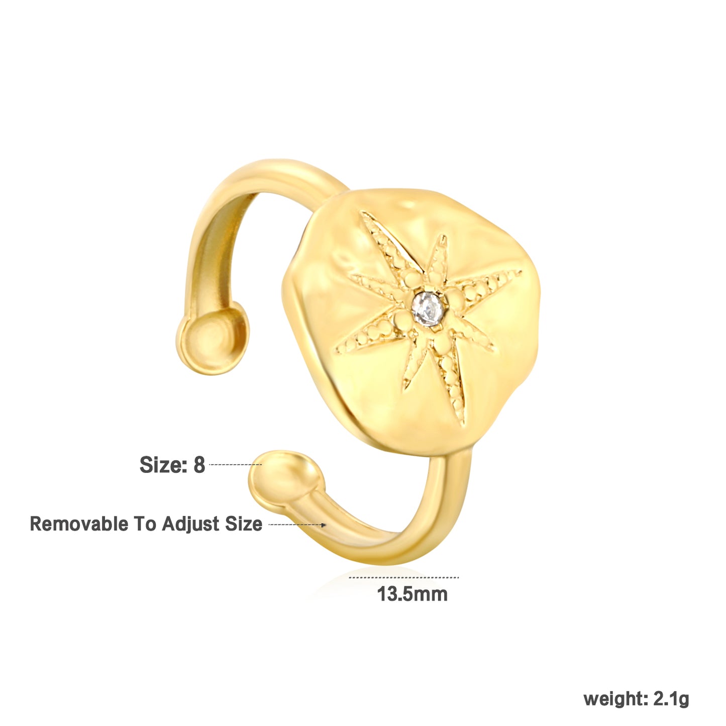 Bulk Waterproof PVD Gold 13.5mm Eight-Pointed Star CZ Open Ring