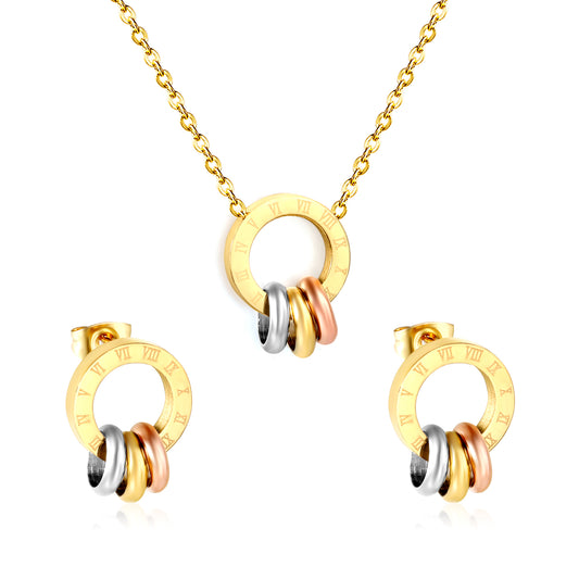 Wholesale Waterproof PVD Roman Numeral Hollow Three-Color Jewelry Set