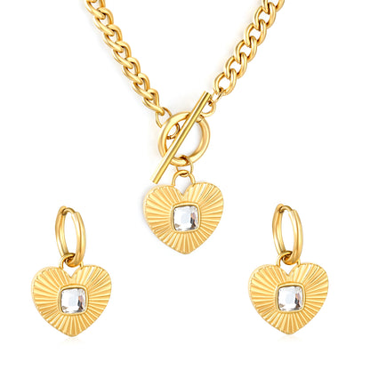 Wholesale Waterproof PVD Pave Heart Jewelry Set (Necklace/Earrings) White & Black & Green CZ