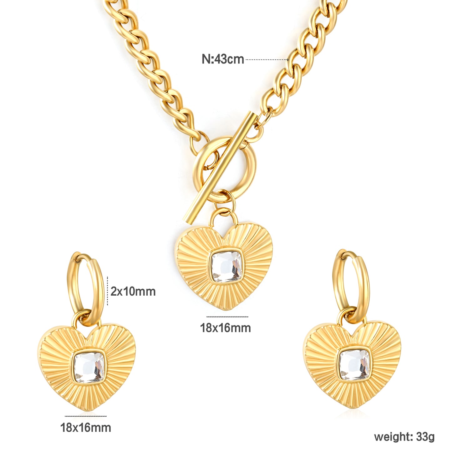 Wholesale Waterproof PVD Pave Heart Jewelry Set (Necklace/Earrings) White & Black & Green CZ