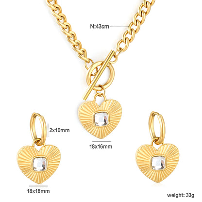 Wholesale Waterproof PVD Pave Heart Jewelry Set (Necklace/Earrings) White & Black & Green CZ