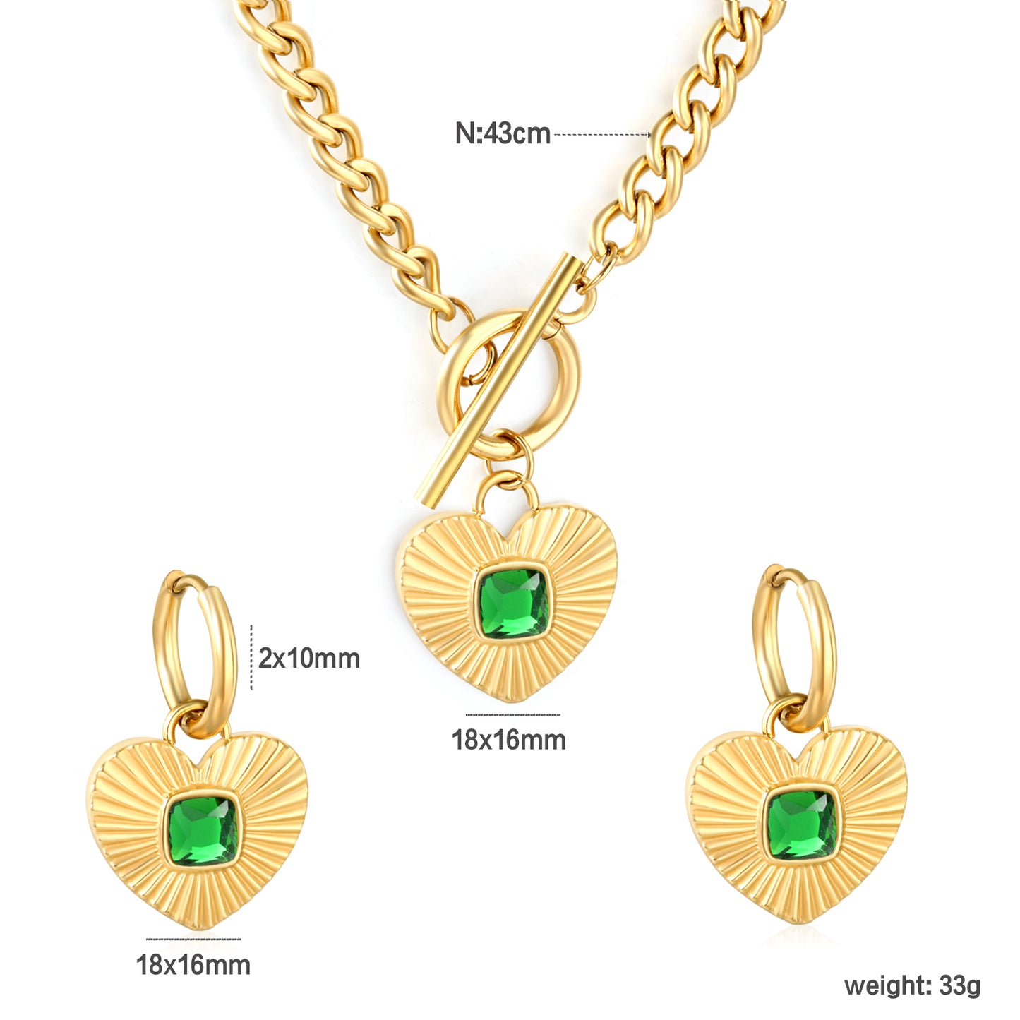 Wholesale Waterproof PVD Pave Heart Jewelry Set (Necklace/Earrings) White & Black & Green CZ