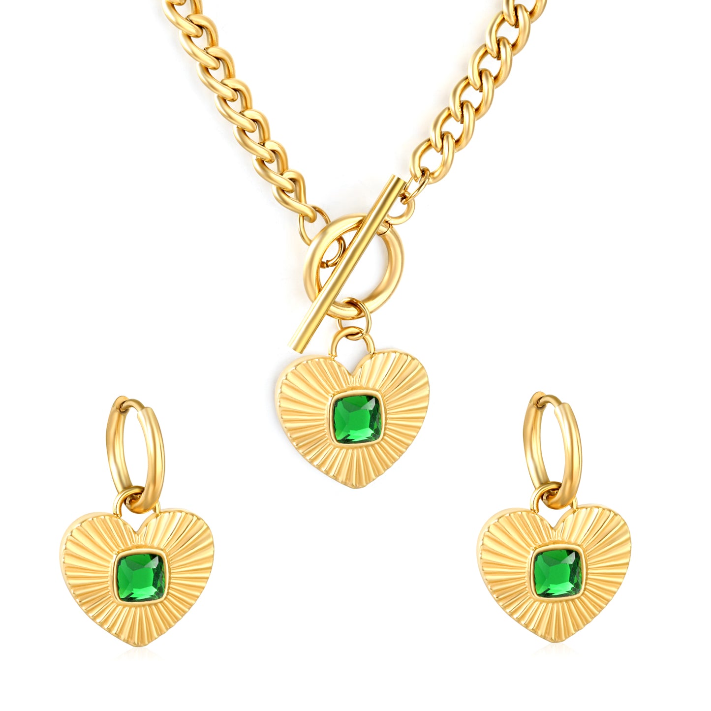 Wholesale Waterproof PVD Pave Heart Jewelry Set (Necklace/Earrings) White & Black & Green CZ