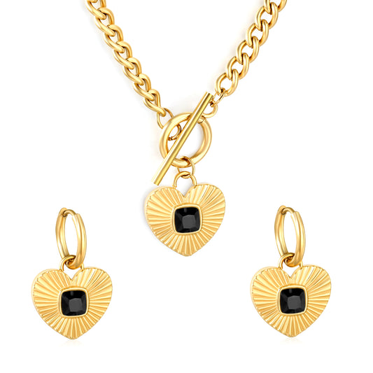 Wholesale Waterproof PVD Pave Heart Jewelry Set (Necklace/Earrings) White & Black & Green CZ