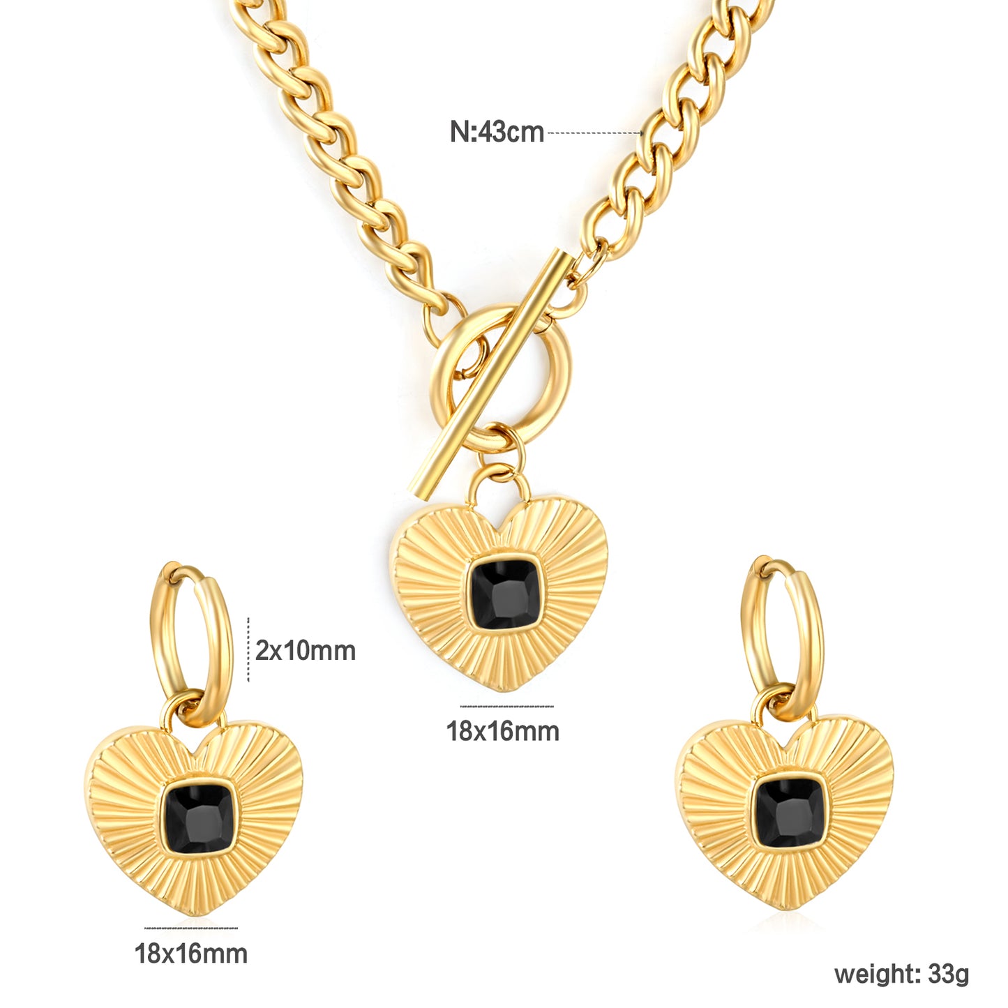 Wholesale Waterproof PVD Pave Heart Jewelry Set (Necklace/Earrings) White & Black & Green CZ