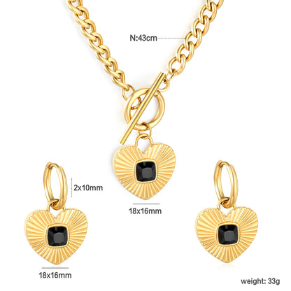 Wholesale Waterproof PVD Pave Heart Jewelry Set (Necklace/Earrings) White & Black & Green CZ
