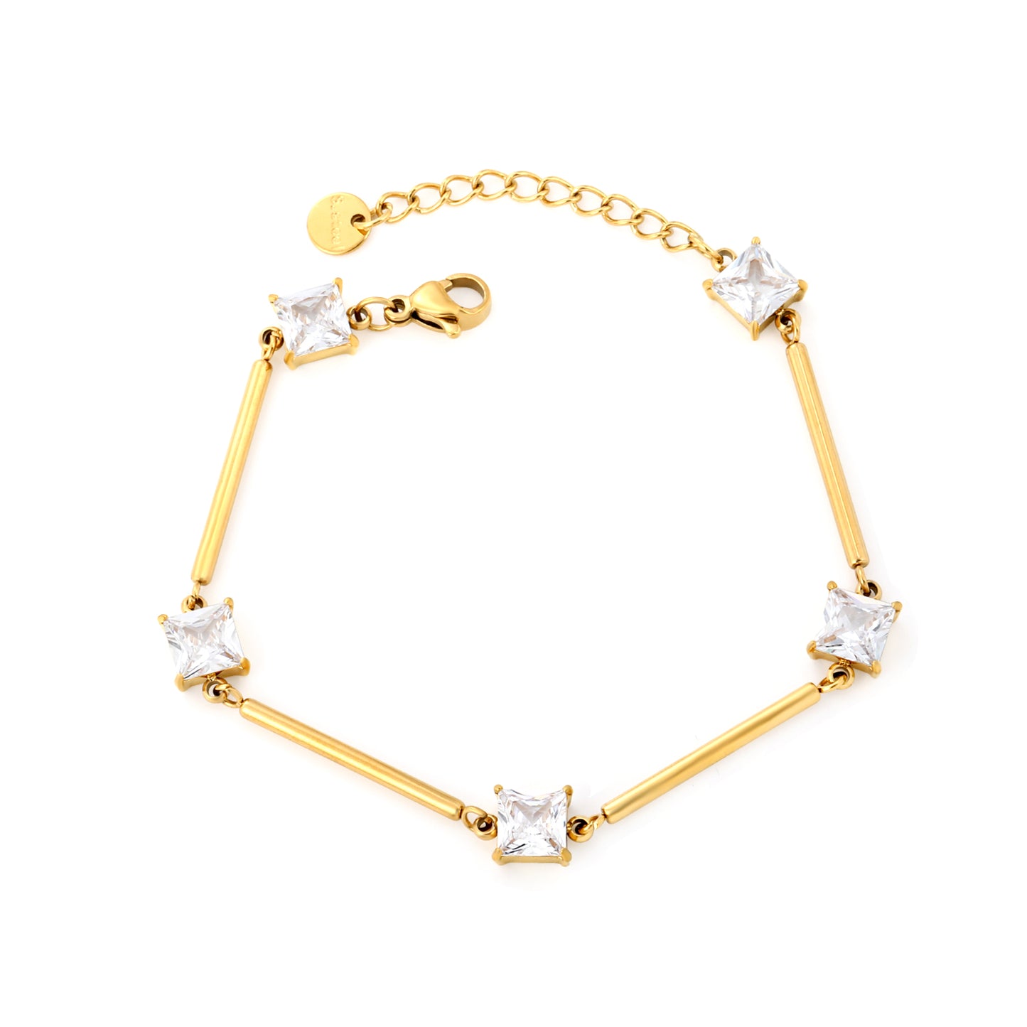 Bulk Waterproof PVD Gold Bamboo Rod & Square CZ Bracelet
