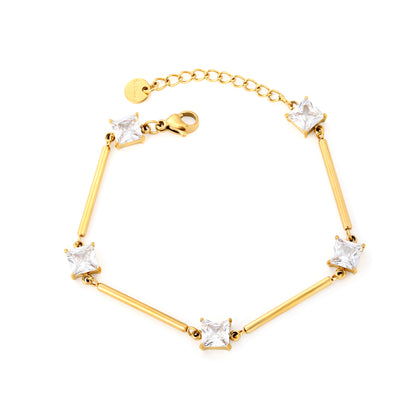 Bulk Waterproof PVD Gold Bamboo Rod & Square CZ Bracelet