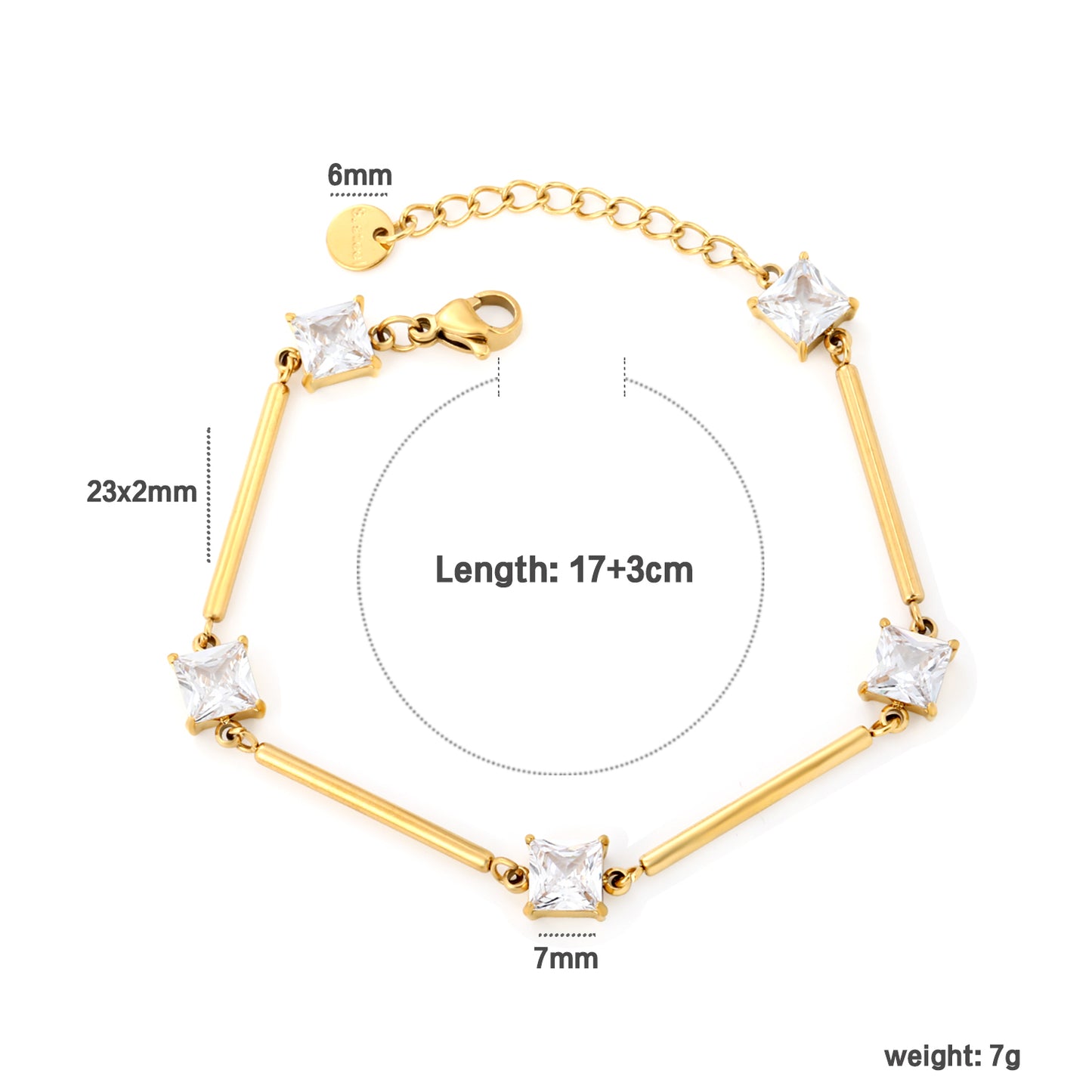 Bulk Waterproof PVD Gold Bamboo Rod & Square CZ Bracelet