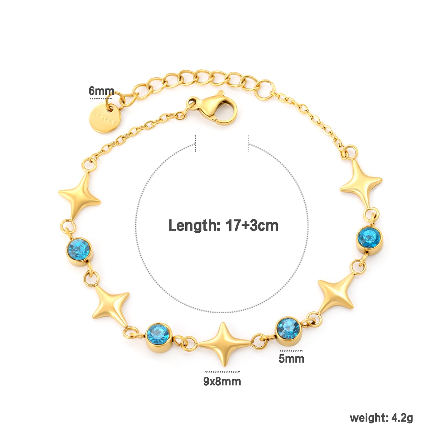 Wholesale Waterproof PVD Gold Star & Round CZ Charm Bracelet