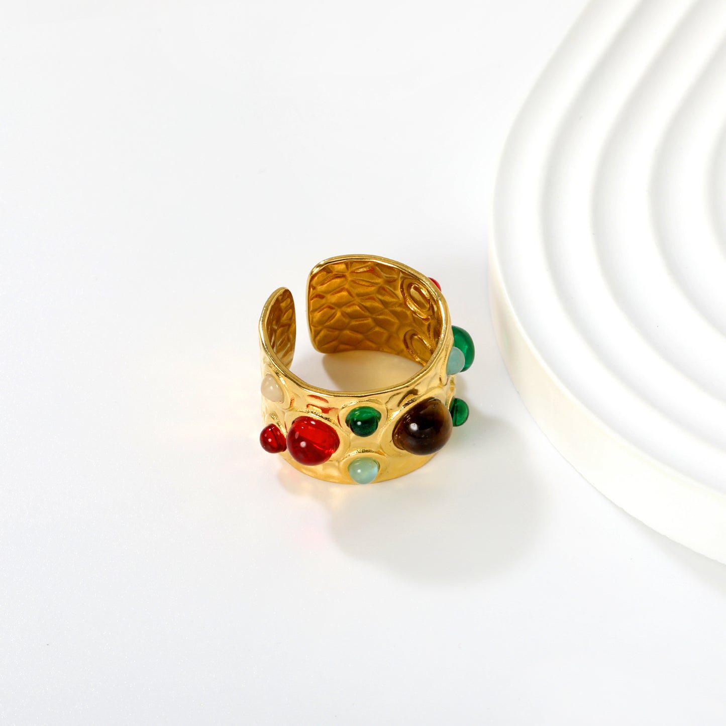 Retro Gemstone Open Ring Stainless Steel Tarnish-Free (3 Colors)