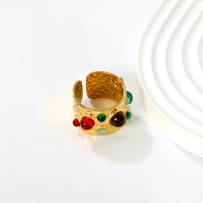 Retro Gemstone Open Ring Stainless Steel Tarnish-Free (3 Colors)