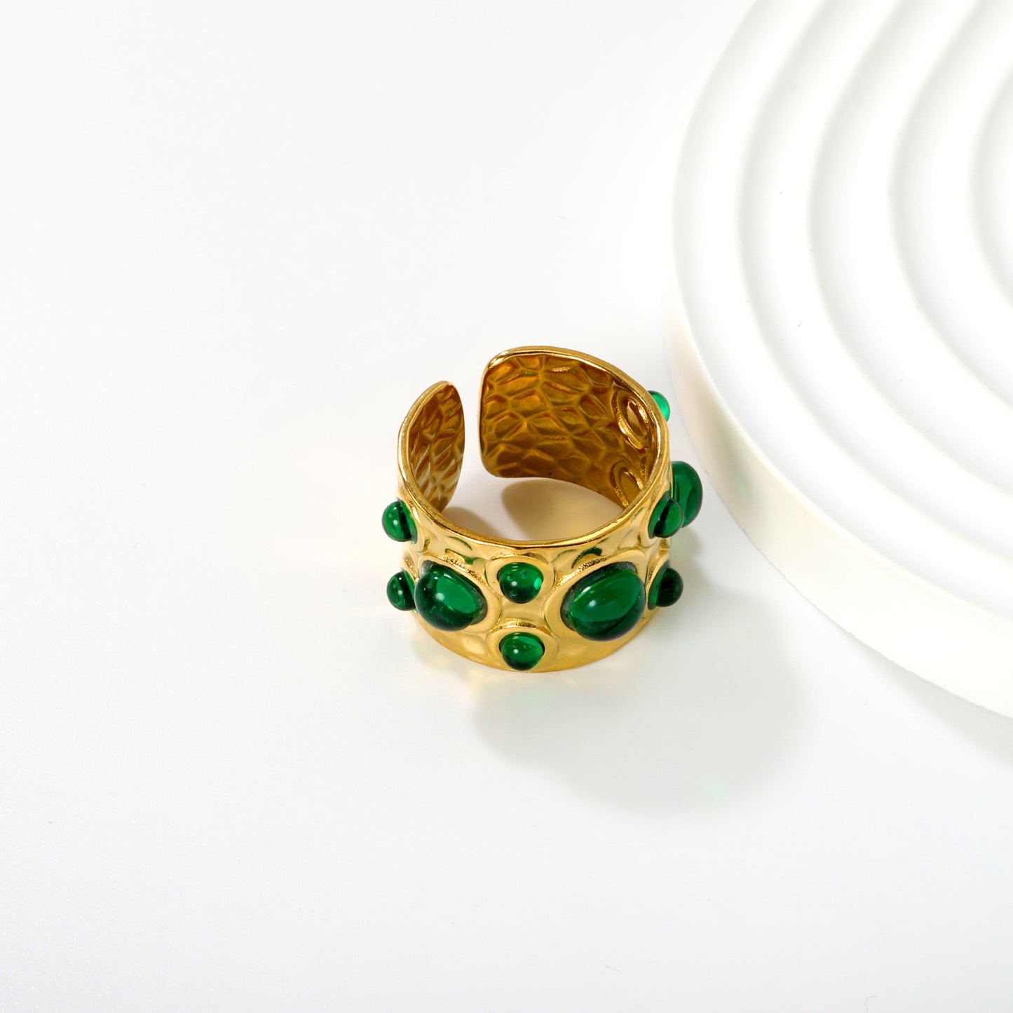 Retro Gemstone Open Ring Stainless Steel Tarnish-Free (3 Colors)