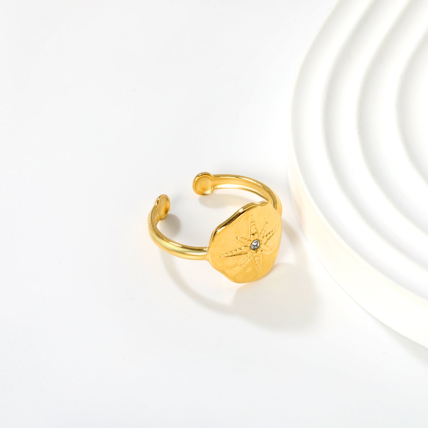 Bulk Waterproof PVD Gold 13.5mm Eight-Pointed Star CZ Open Ring