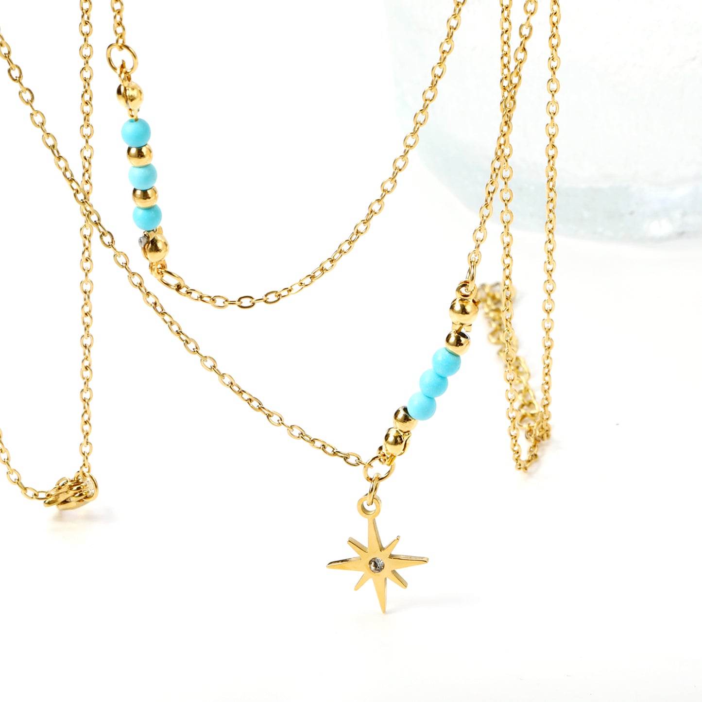 Wholesale Double layer Star and Blue Bead Necklace Fresh Sweet Style