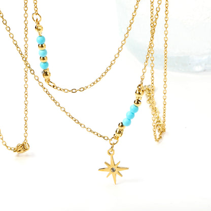 Wholesale Double layer Star and Blue Bead Necklace Fresh Sweet Style
