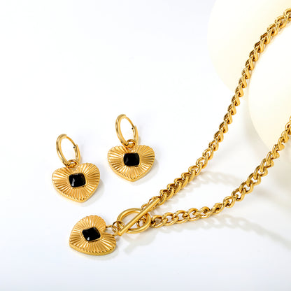 Wholesale Waterproof PVD Pave Heart Jewelry Set (Necklace/Earrings) White & Black & Green CZ