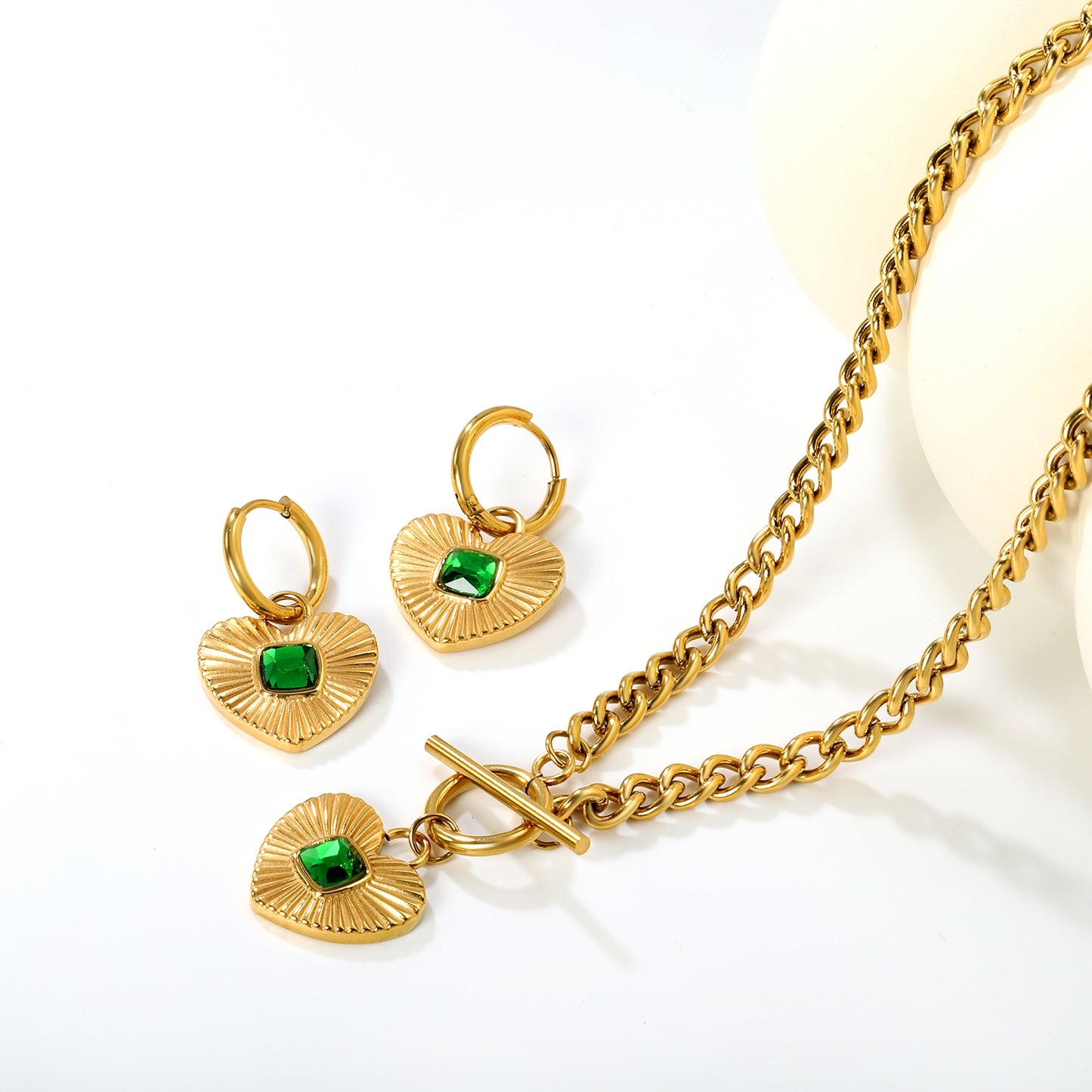 Wholesale Waterproof PVD Pave Heart Jewelry Set (Necklace/Earrings) White & Black & Green CZ