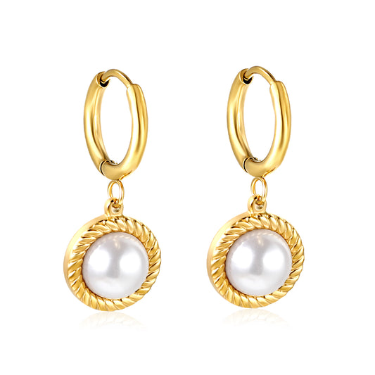 Wholesale Stainless Steel Circle with Round Twisted Edge with Half White Pearl Earrings