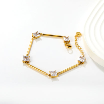 Bulk Waterproof PVD Gold Bamboo Rod & Square CZ Bracelet