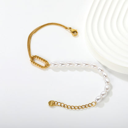 Wholesale Waterproof PVD Gold Plastic Pearl & Link Buckle Bracelet