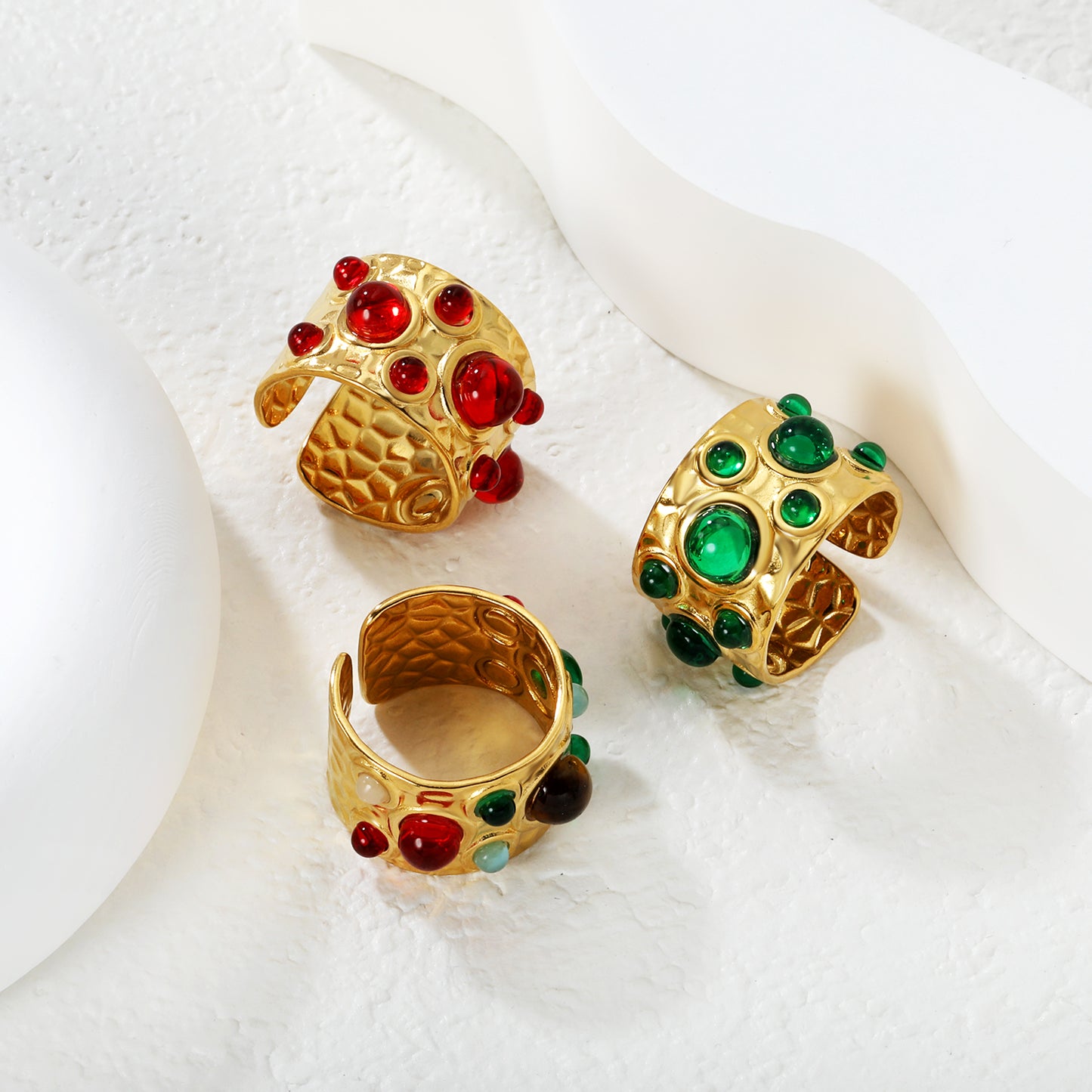 Retro Gemstone Open Ring Stainless Steel Tarnish-Free (3 Colors)