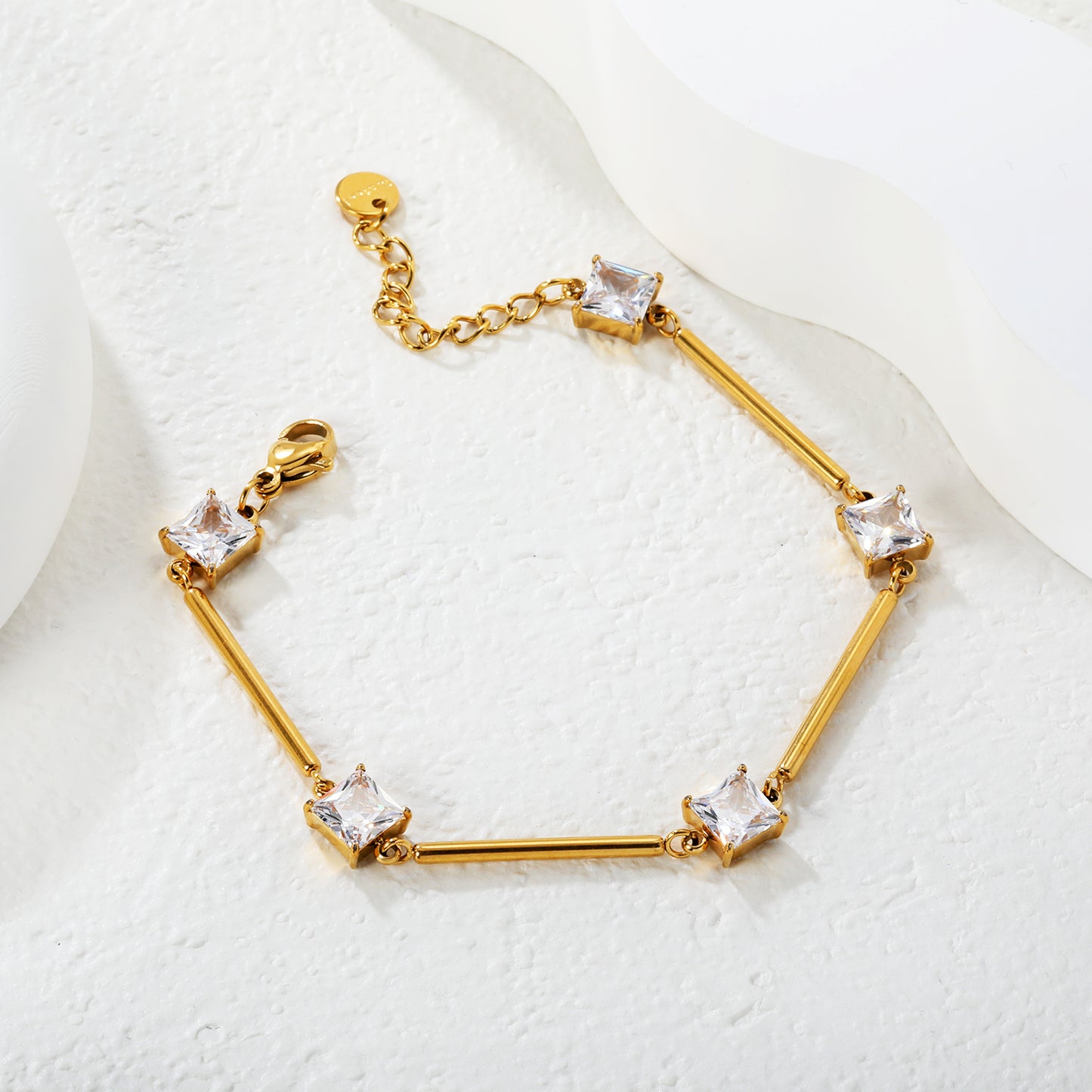 Bulk Waterproof PVD Gold Bamboo Rod & Square CZ Bracelet